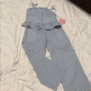 Blue Gingham Wide-Leg Jumpsuit with Ruffle Waist